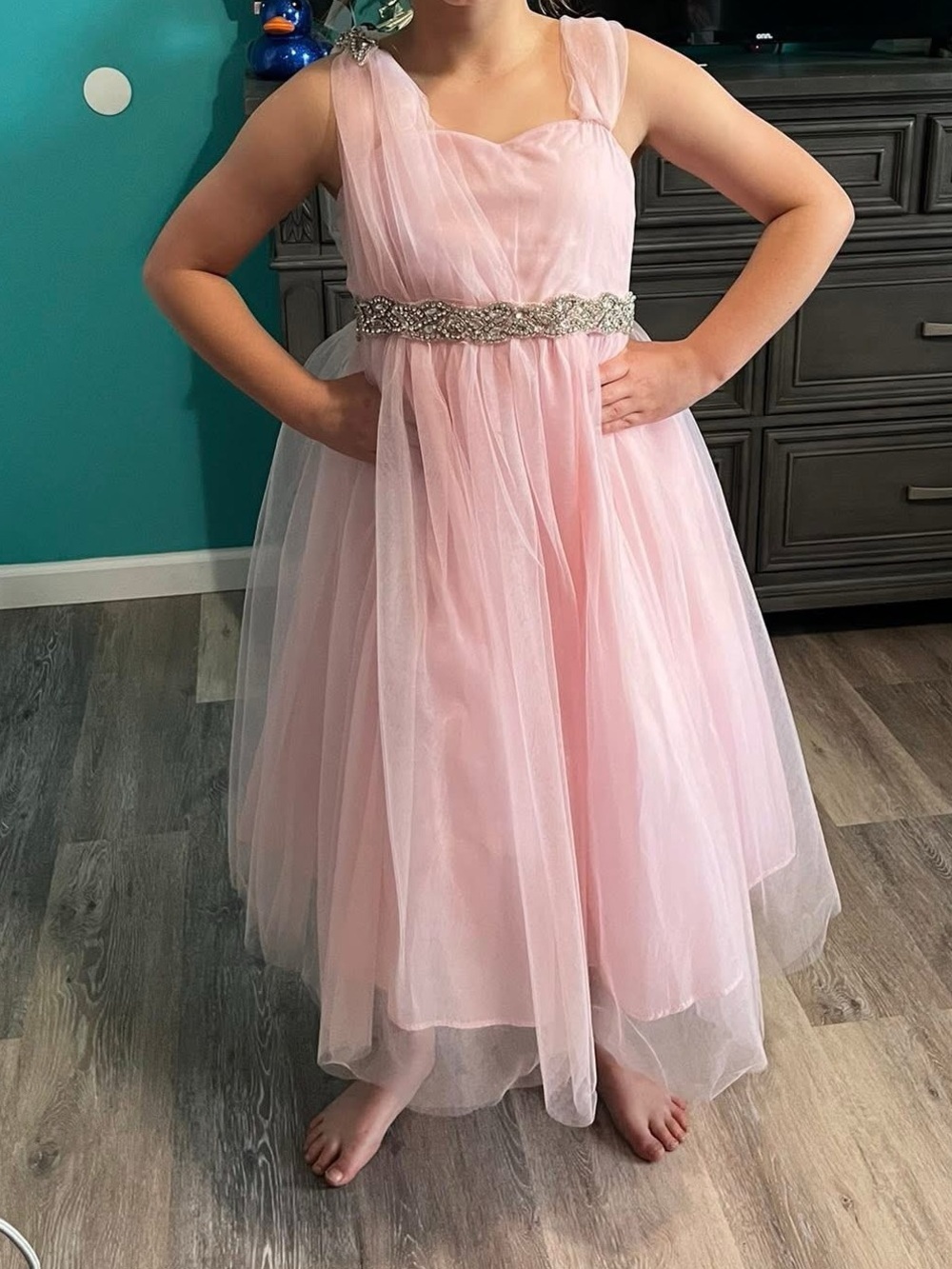 Elegant Pink Tulle Party Dress with Beaded Waistband